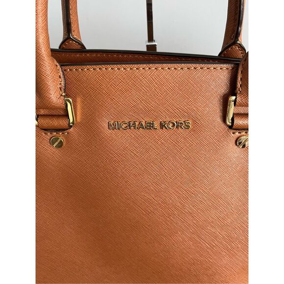 Michael Kors Large Saffiano Leather Selma Satchel Handbag Luggage Brown - Picture 3 of 16